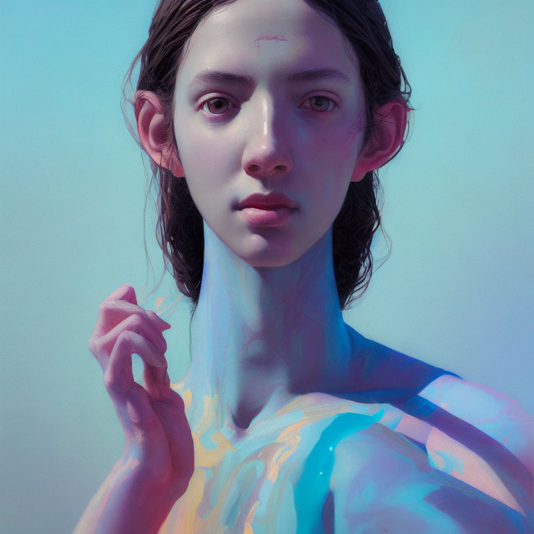 Portrait of a person with contemplative gaze and prominent clavicles under blue lighting with yellow accents