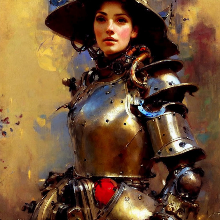 Portrait of woman in medieval knight armor with large brimmed helmet and red jewel.