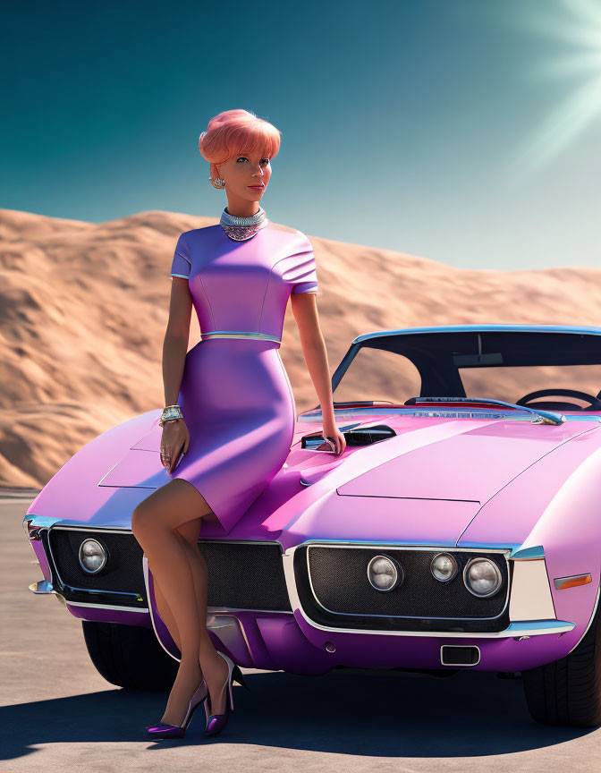 Pink-haired woman in purple dress leans on vintage car in desert landscape