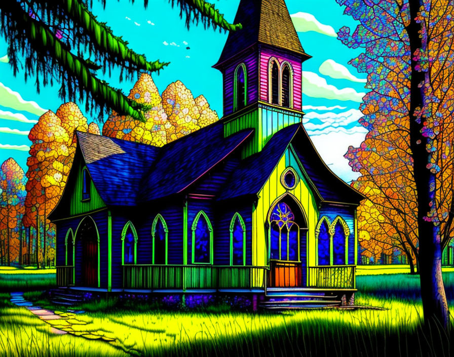 Vividly colored traditional church in autumn setting