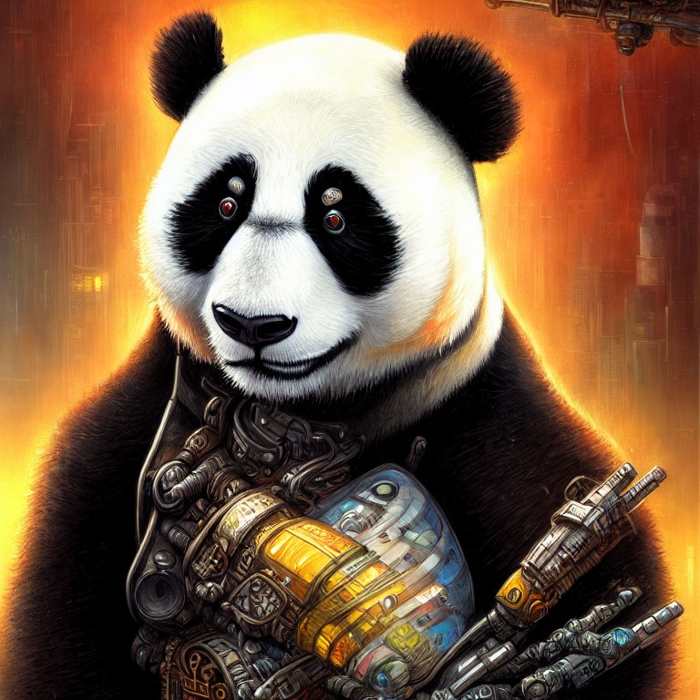 Detailed illustration: Panda with cybernetic arm in industrial, orange background