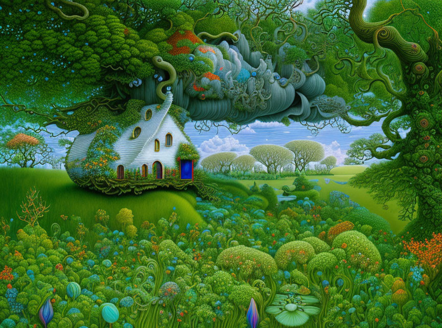 Colorful Landscape with Cottage and Fantasy Elements
