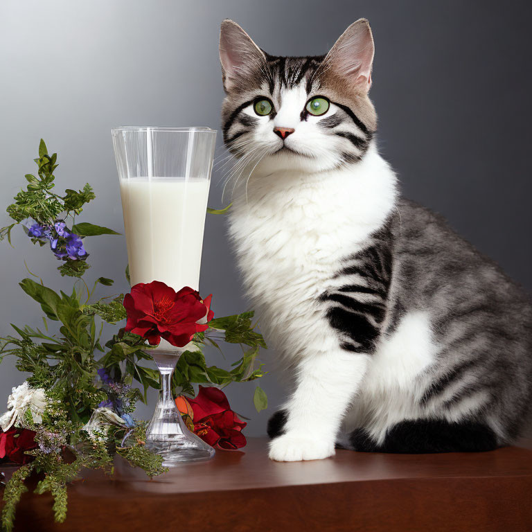 Black and White Cat with Milk and Flowers on Table with Grey Background