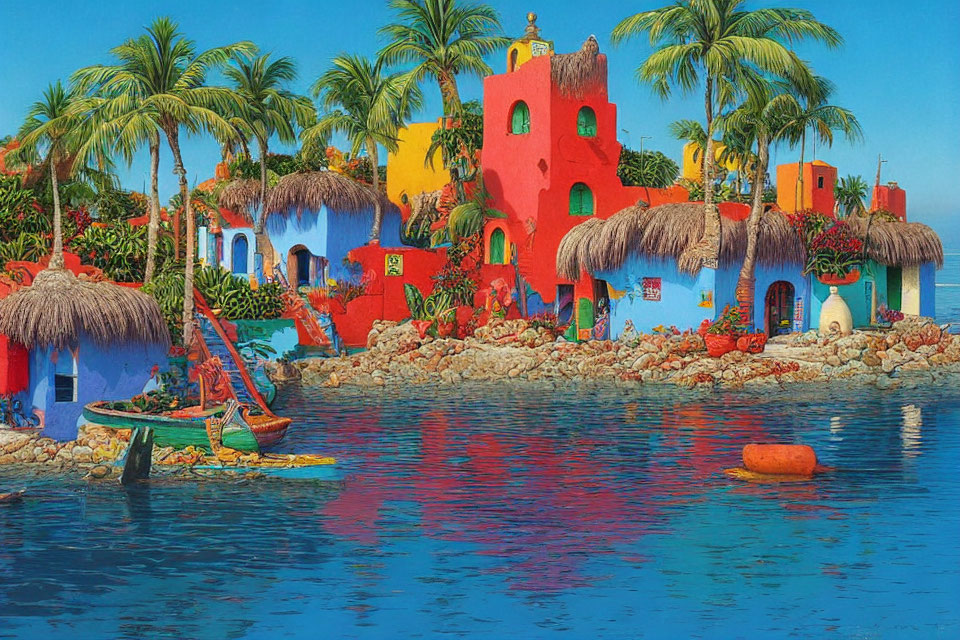 Colorful Tropical Scene with Thatched Roofs and Palm Trees