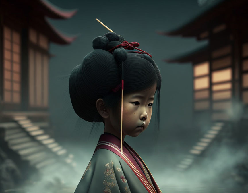 Traditional Japanese attire girl in serene temple setting