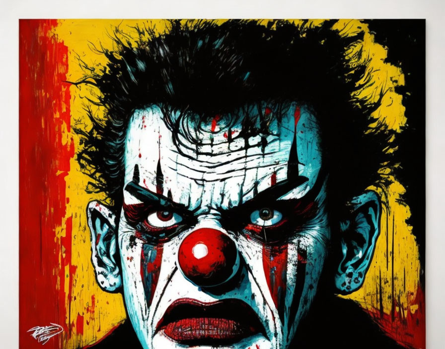 Menacing clown with black and white face paint on vibrant red and yellow background