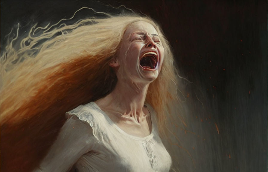 Passionate woman with flowing hair screams against dark backdrop