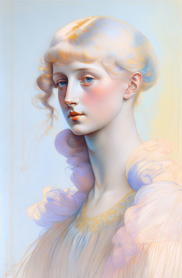 Pale-skinned woman with red lips and golden hair in pastel attire.