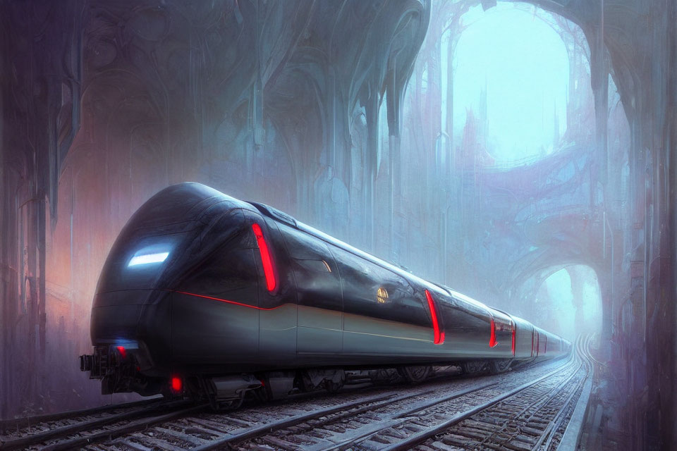 Futuristic red-lit train in dim cathedral-like station