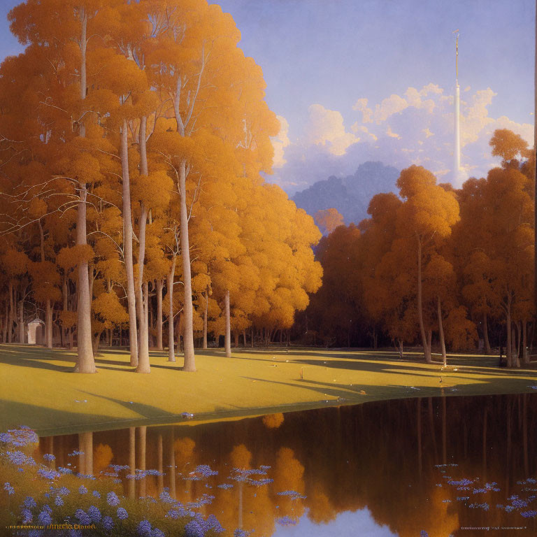 Tranquil landscape painting of autumn trees and pond