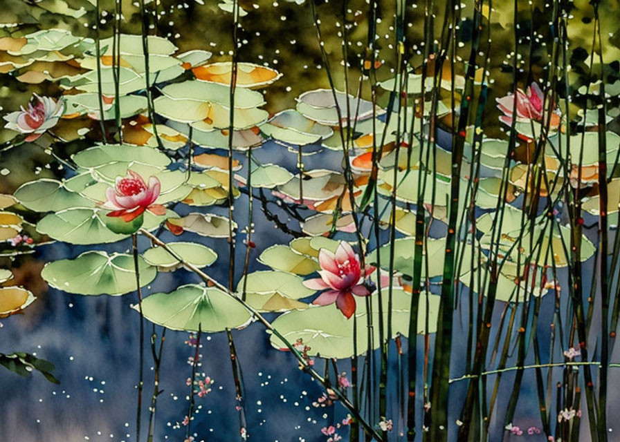Tranquil watercolor painting of blooming lotus flowers on a pond
