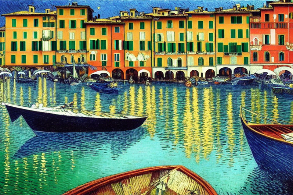 Colorful Coastal Scene with Buildings, Boats, and Shimmering Water