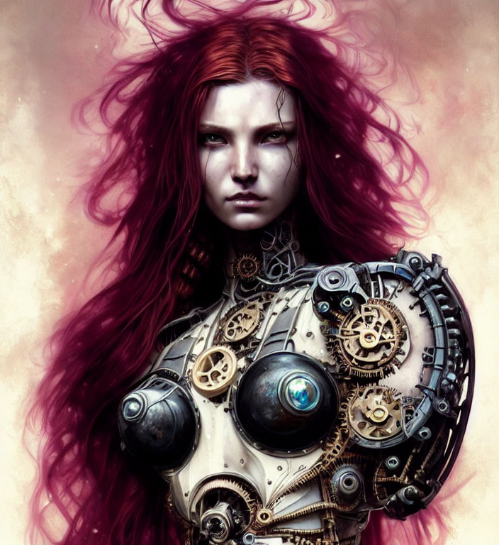 Digital Artwork: Woman with Red Hair & Steampunk Mechanical Body