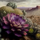 Purple succulent in desert landscape with cacti and mountains.