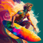 Colorful digital artwork of a surfer riding a wave on a vibrant surfboard