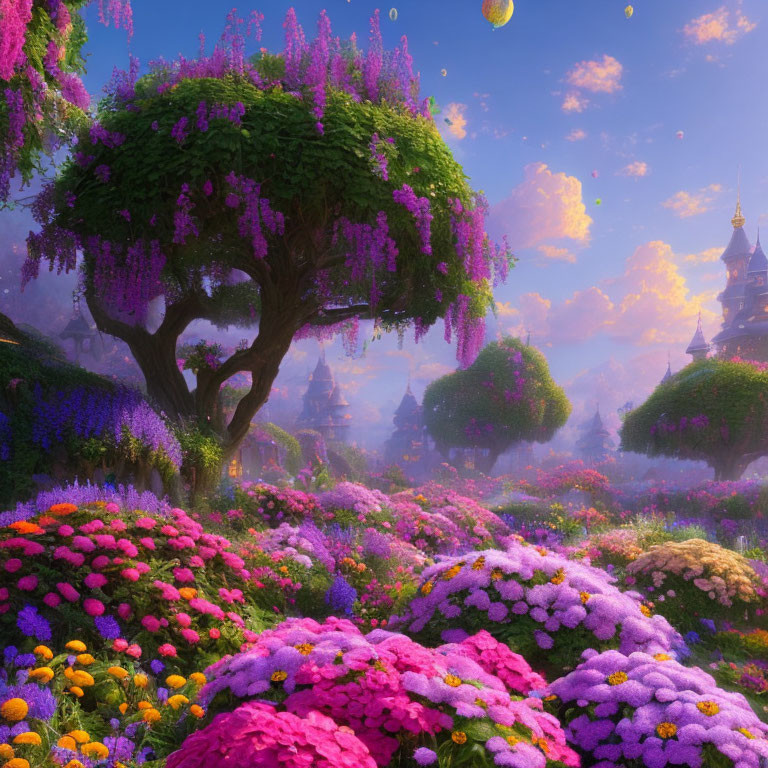 Fantasy garden with purple blossomed tree and sunset sky