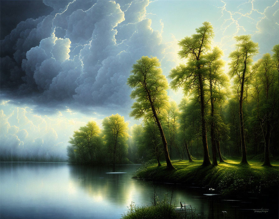 Serene Lake with Trees under Stormy Sky and Lightning