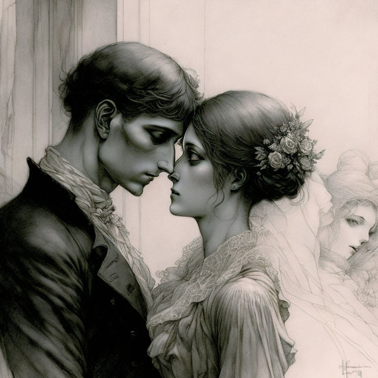 Grayscale vintage illustration of man and woman in intimate moment with faded background face