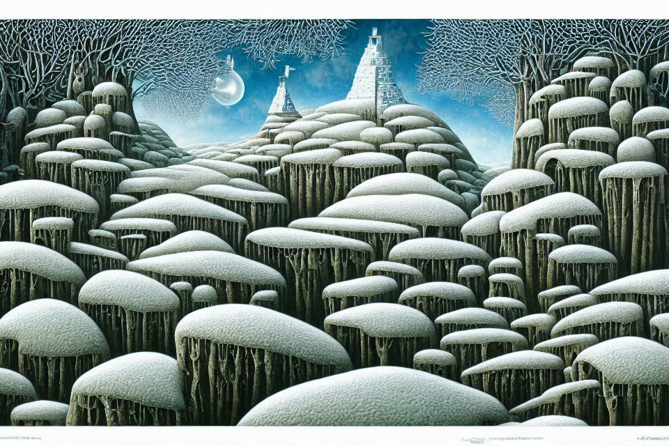 Whimsical landscape with mushroom-shaped trees under crescent moon