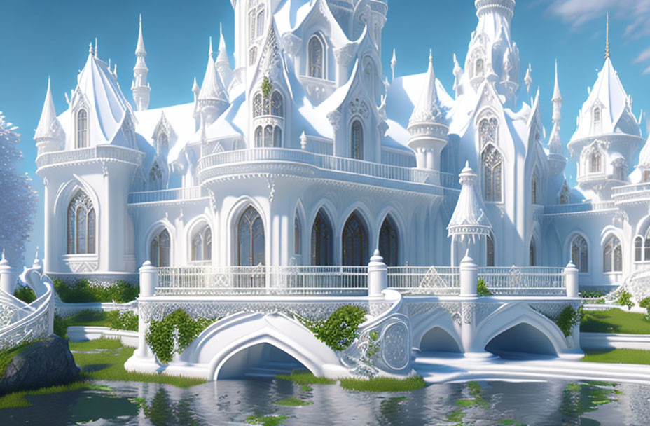 Majestic white castle with spires and bridge in serene setting