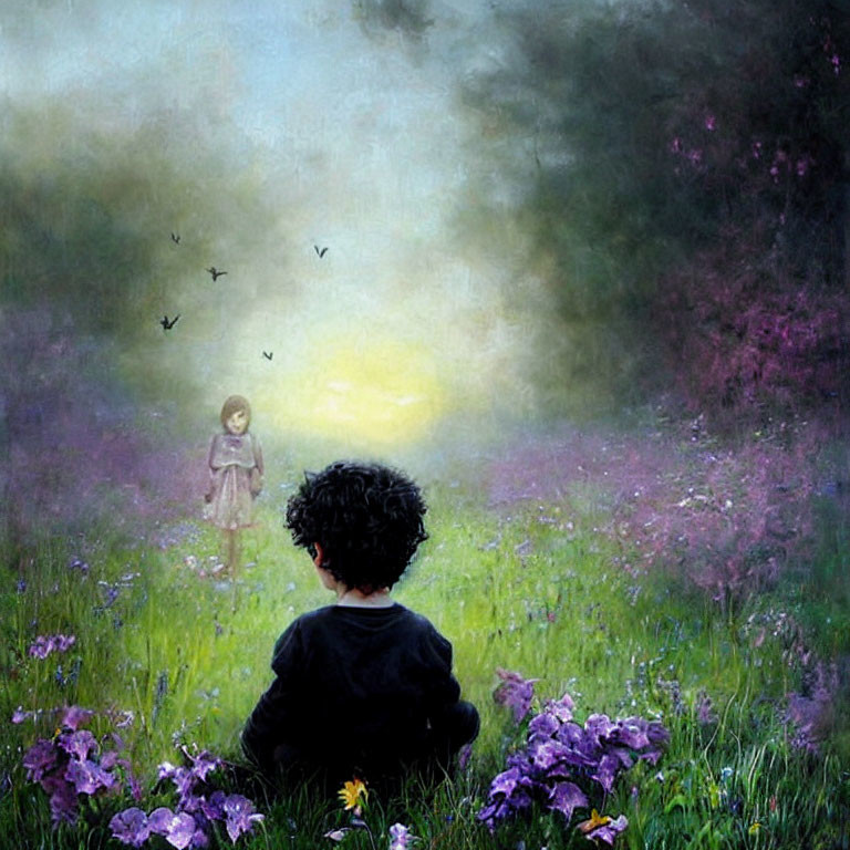 Child with curly hair in flower field under dreamy sunset sky