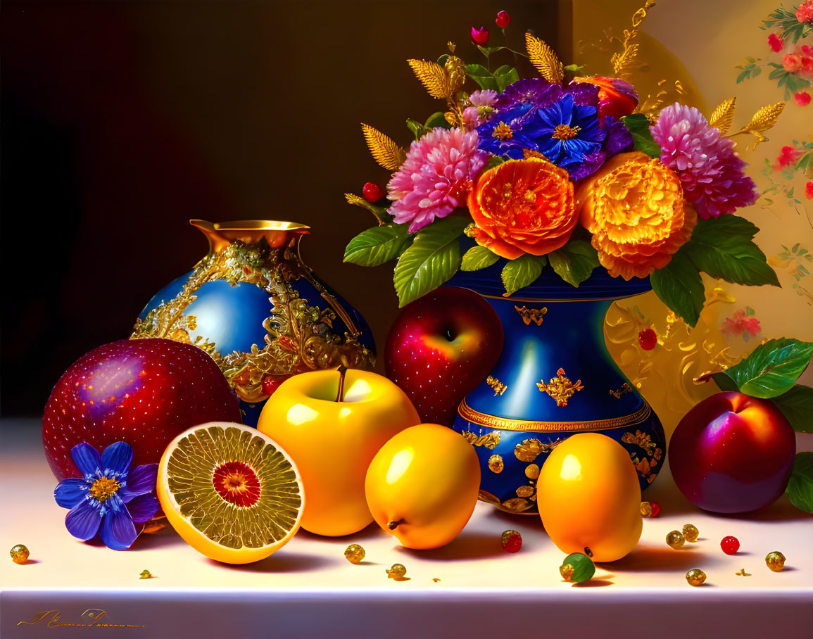 Colorful fruit and flower arrangement with apples, oranges, lemons in a decorative vase