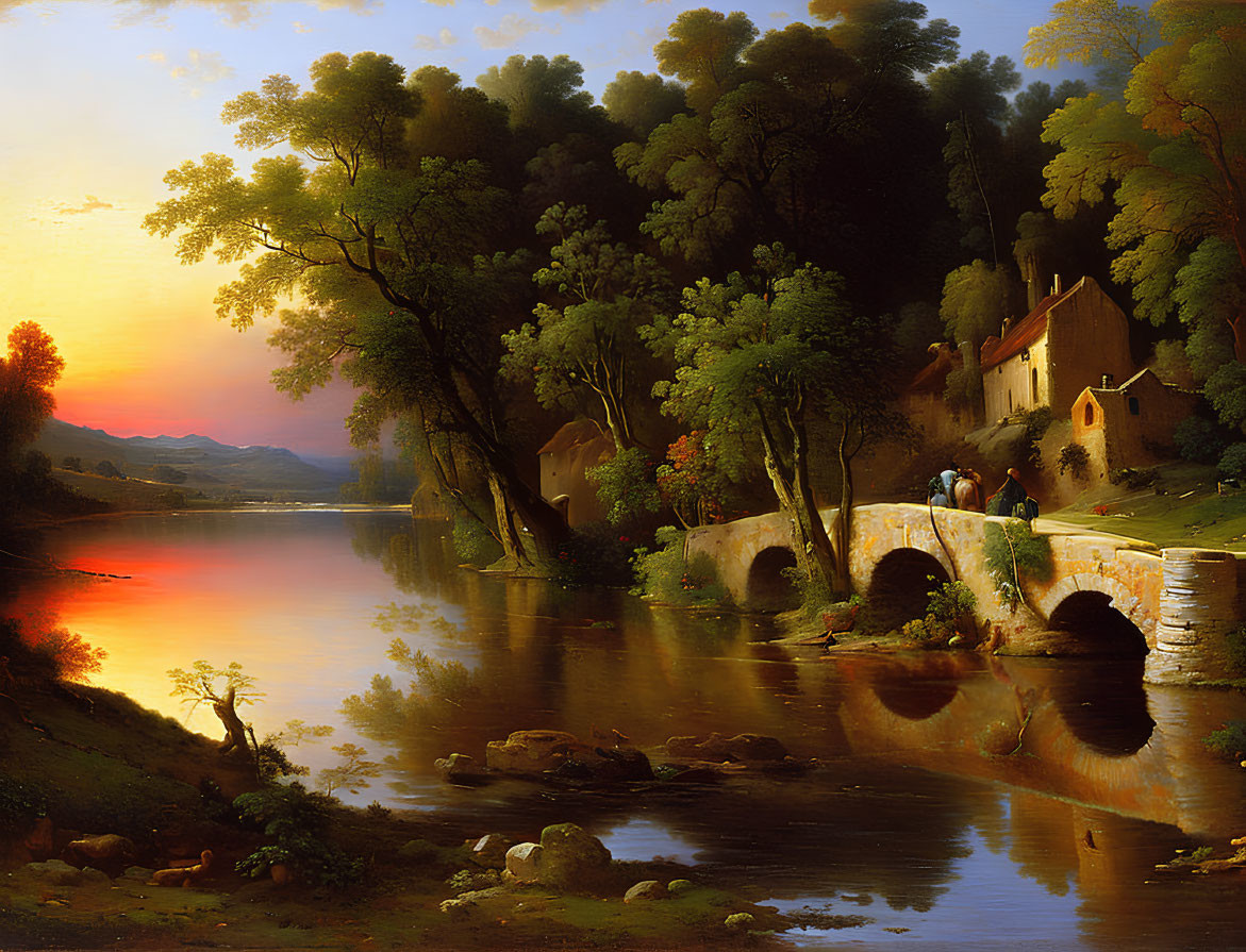 Tranquil sunset landscape with river, bridge, trees, cottage, and people conversing