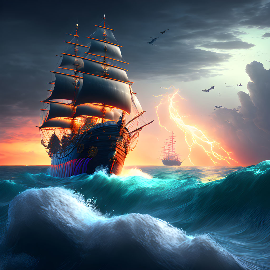 Sailing ship with full sails in stormy seas at sunset