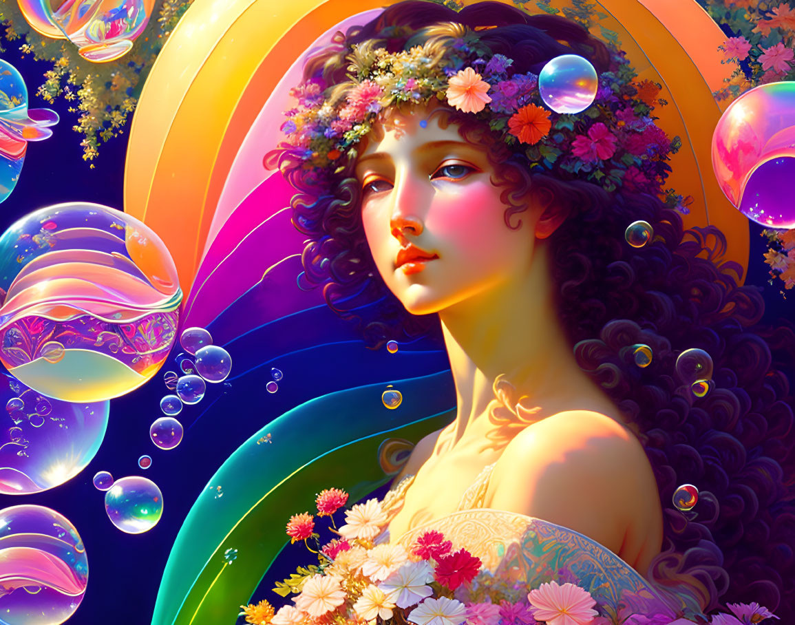 Colorful artwork of woman with floral headpiece in fantasy setting