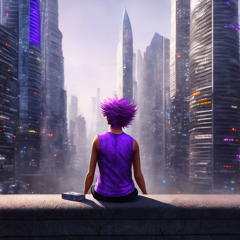 Spiky Purple Hair Figure Observing Futuristic Cityscape