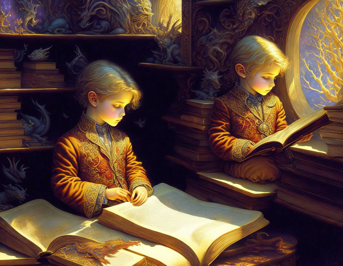 Children reading books surrounded by piles in warm light