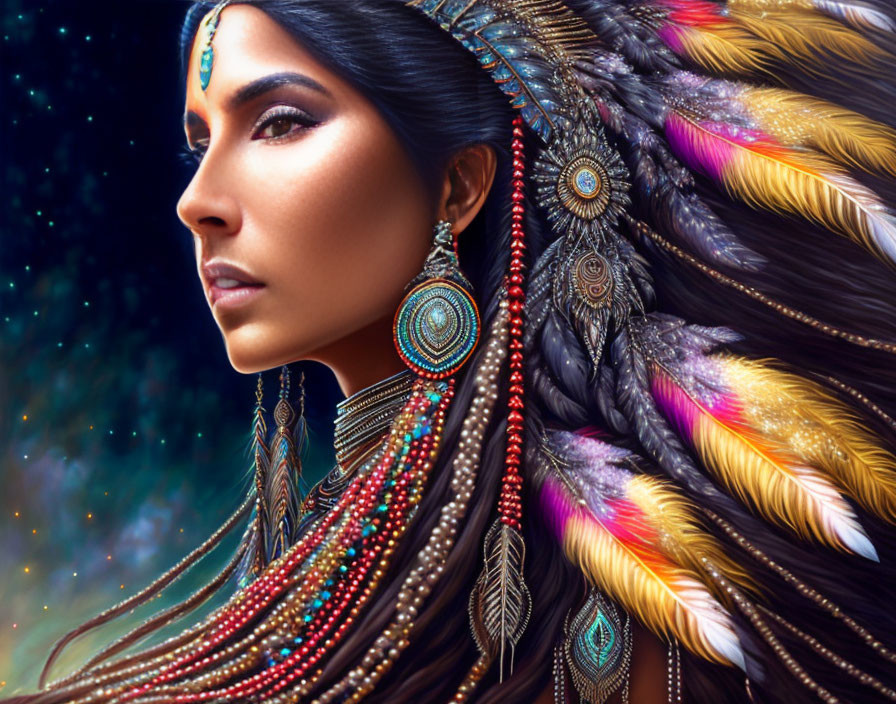 Woman Portrait with Vibrant Headdress and Beaded Jewelry on Starry Night Sky