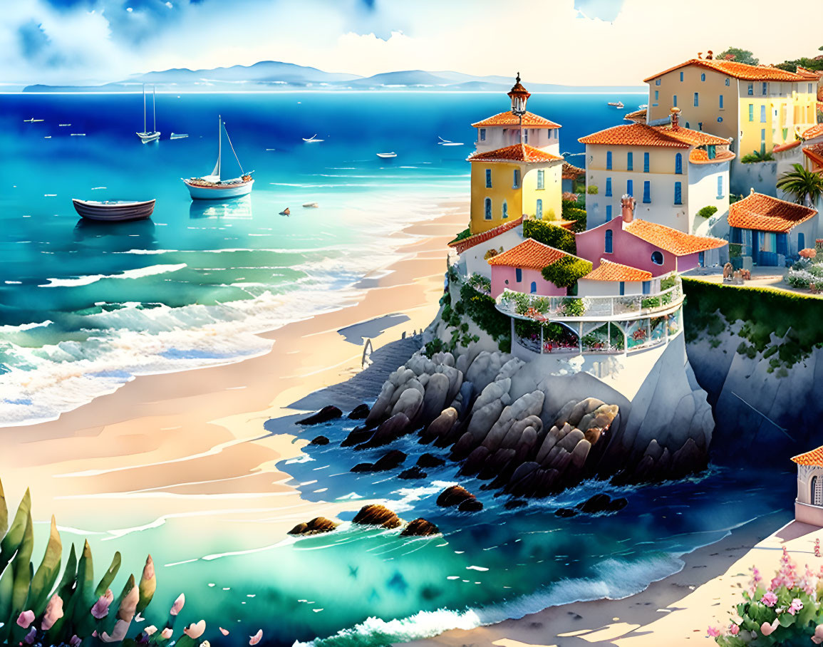 Colorful Coastal Houses on Cliffs Overlooking Sandy Beach