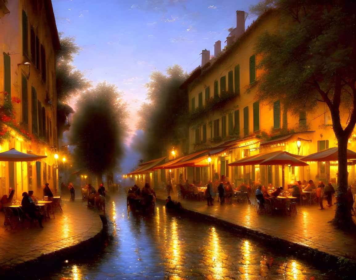 Misty Evening Cobblestone Street with Cafes and Diners