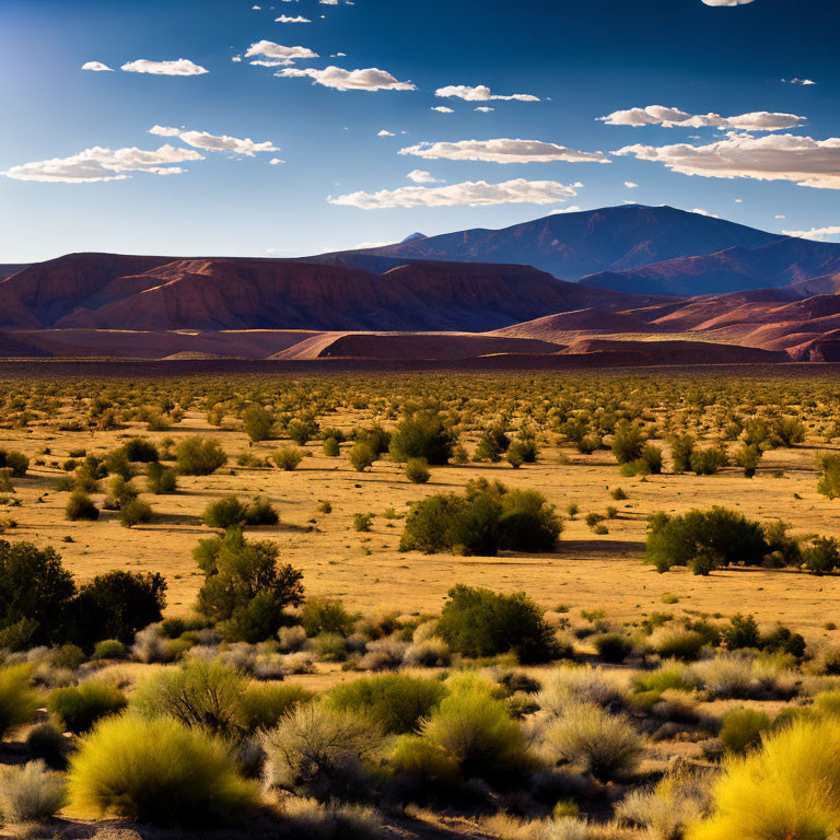 Desert landscape with golden sunlight, shrubbery, and red mountains