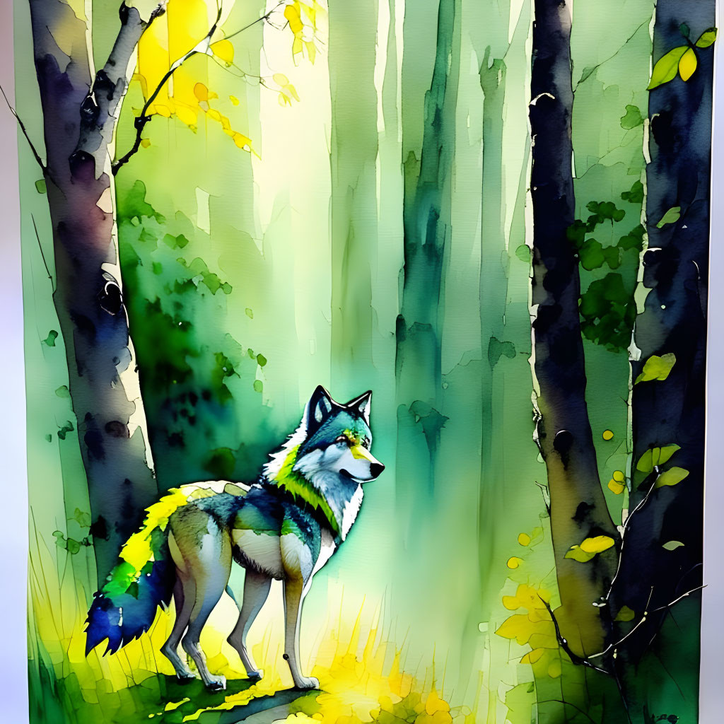 Colorful Watercolor Painting: Wolf in Sunlit Forest Clearing