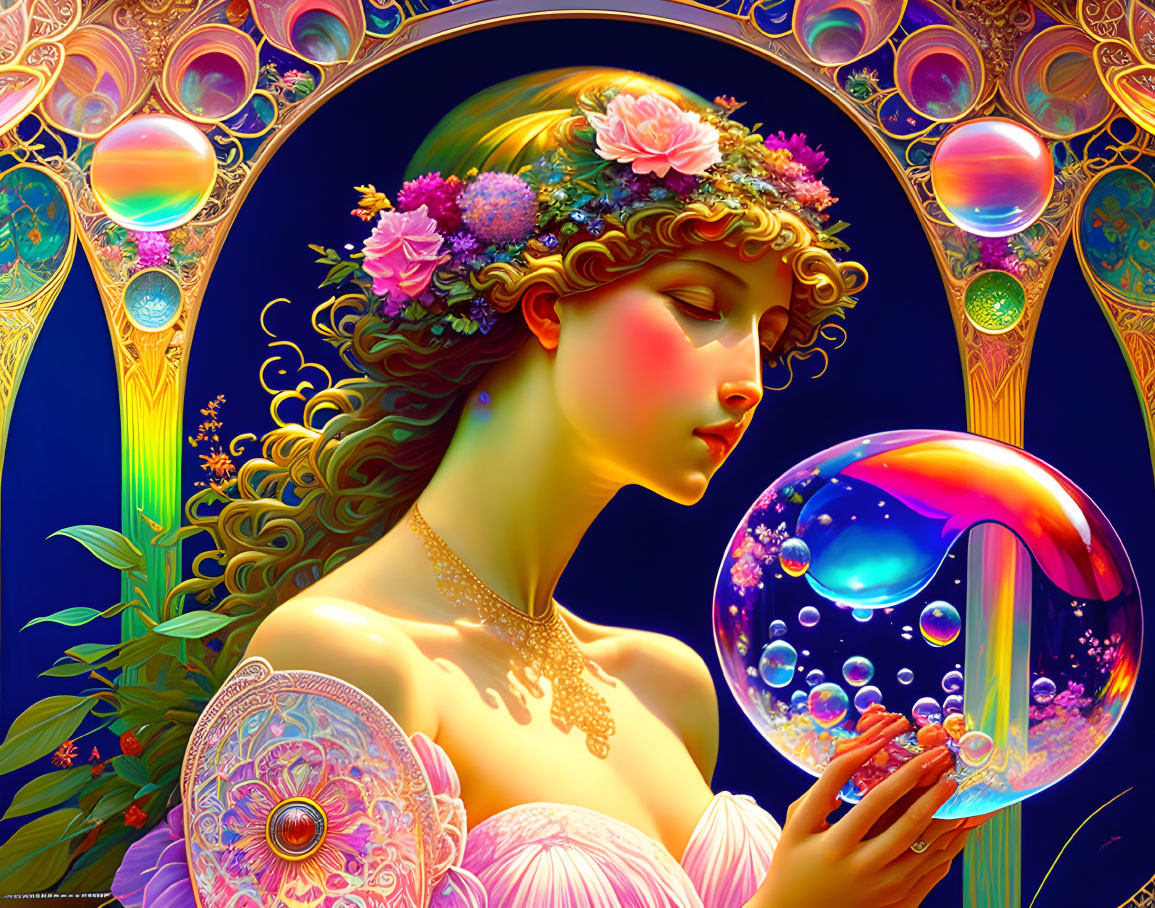 Woman with Floral Headdress Gazing at Vivid Bubble in Colorful Setting