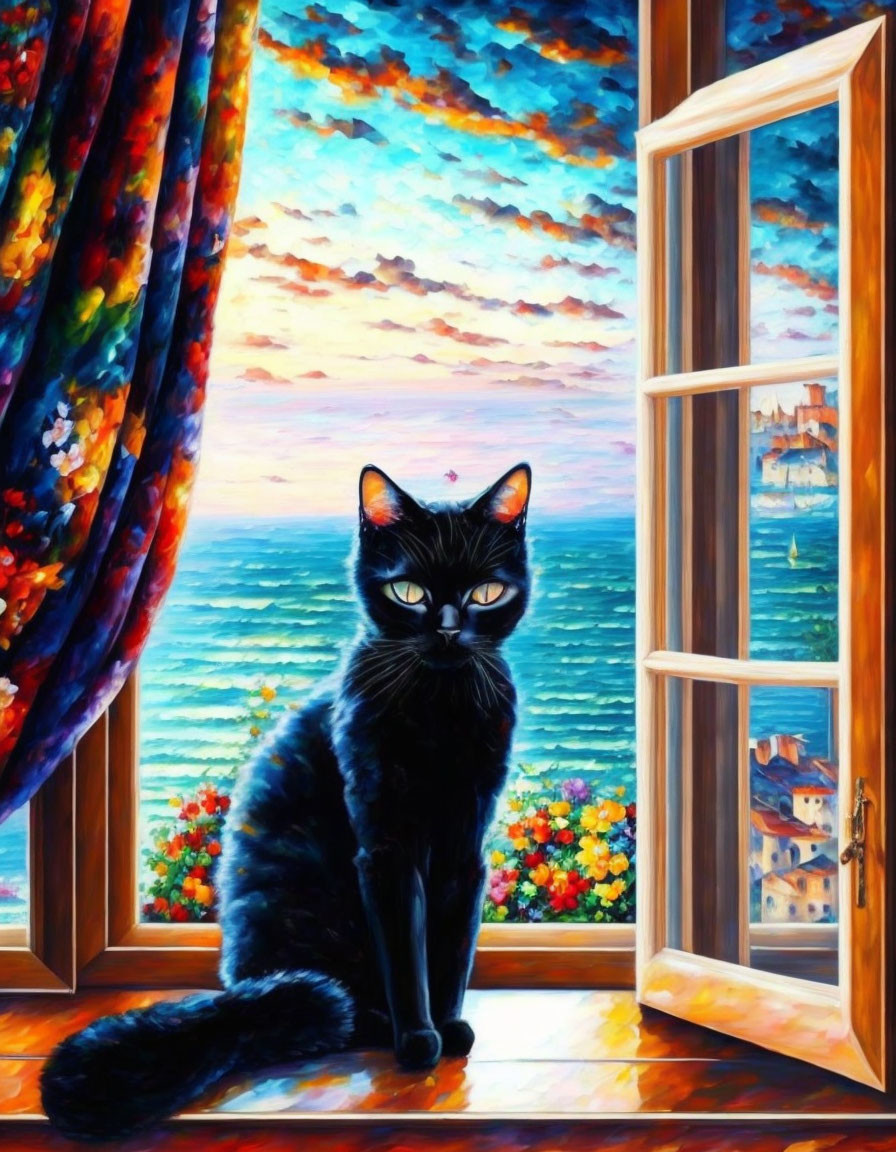 Black Cat by Open Window with Vibrant Sunset and Colorful Flowers