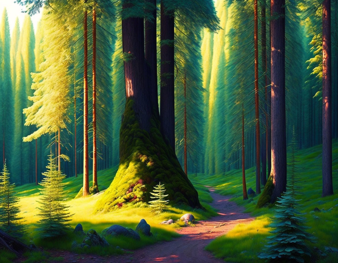 Sunlit Forest Path Through Towering Trees and Lush Greenery