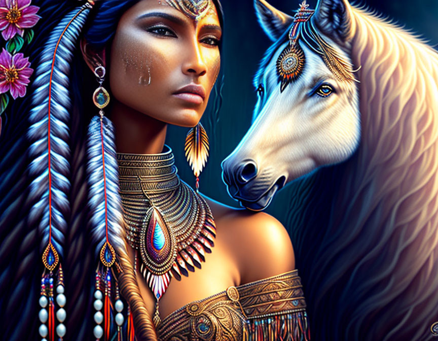 Digital artwork of woman in indigenous attire with white horse