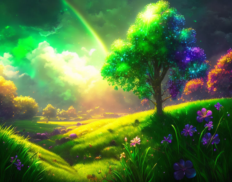 Colorful Fantasy Landscape with Green Aurora and Illuminated Tree