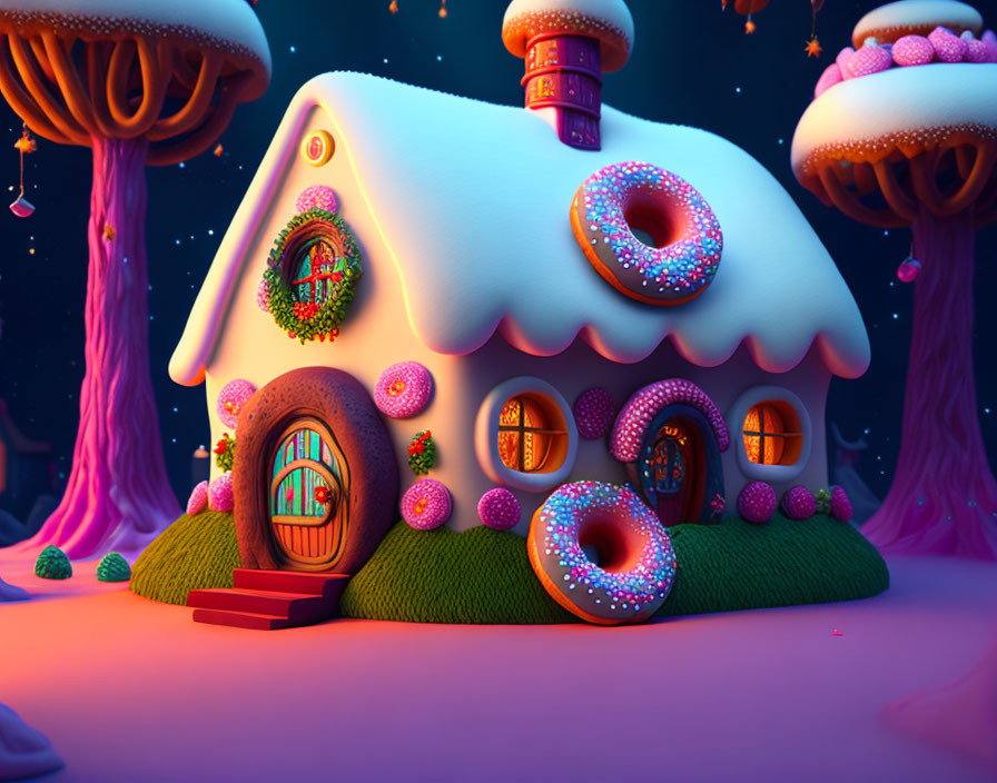 Candy-themed house with donut decorations in twilight landscape