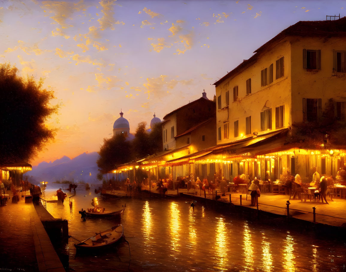 European canal evening scene with outdoor dining, glowing lights, classical architecture, and moored boats