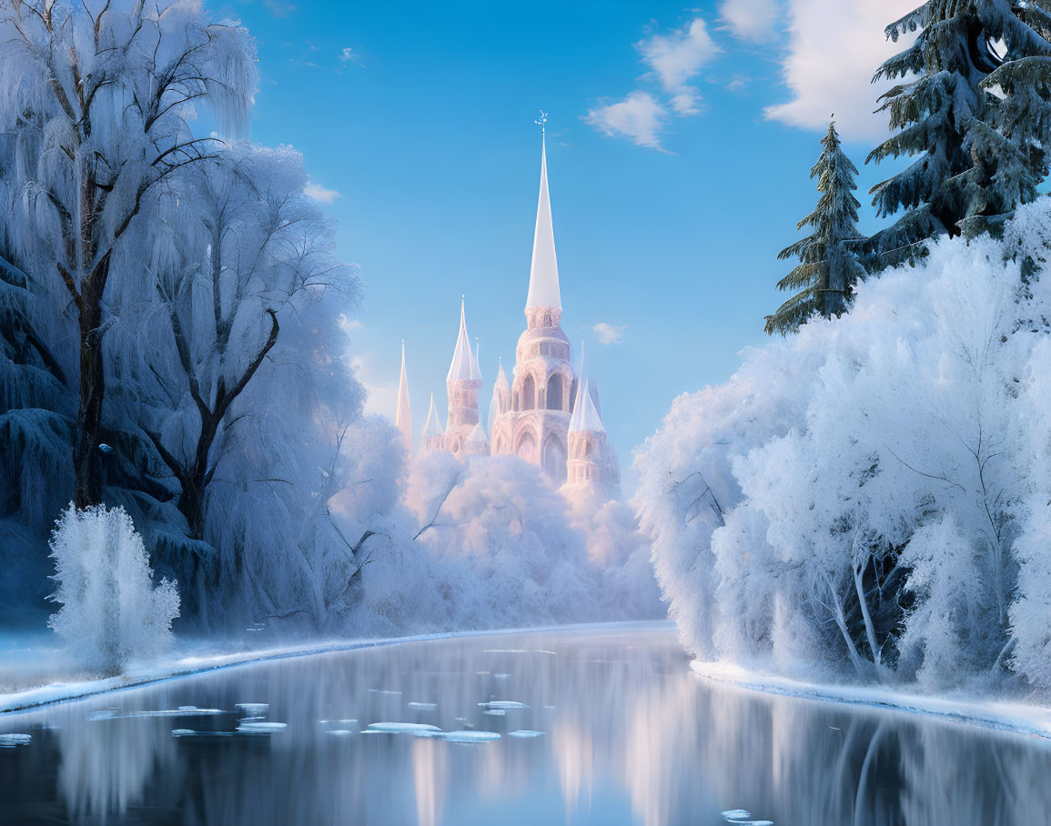 Winter landscape: frost-covered trees, frozen river, castle, clear blue sky