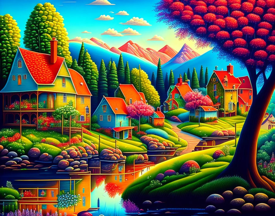 Fantasy landscape with whimsical houses, lush trees, and mountains