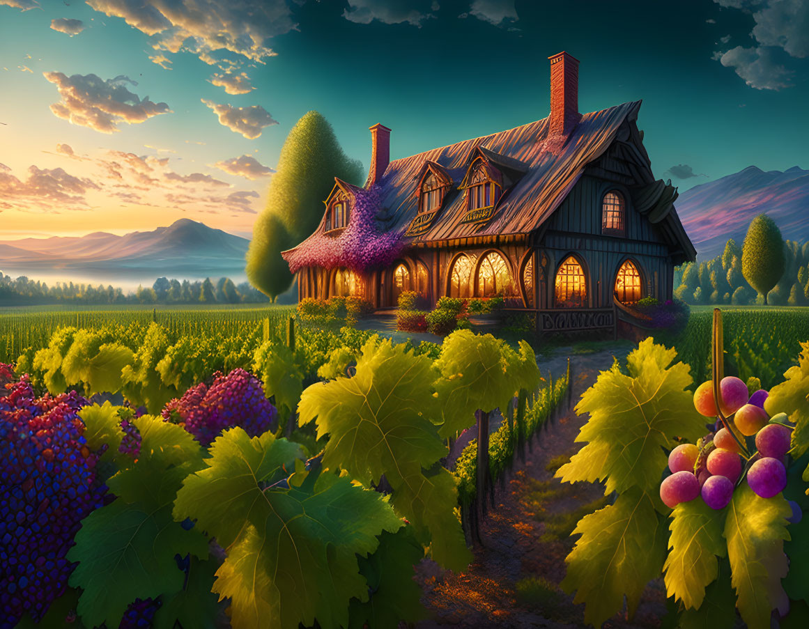 Thatched Roof Cottage in Vineyard at Sunset