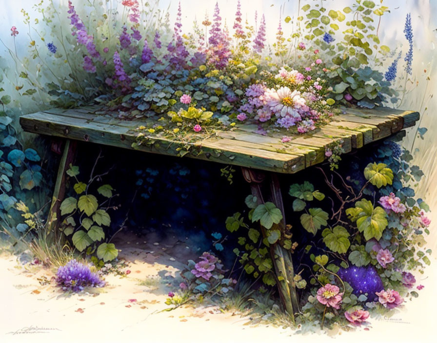 Rustic wooden table adorned with colorful flowers and plants