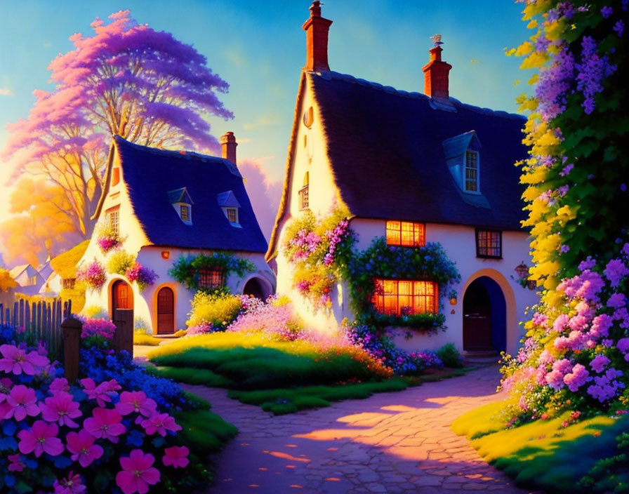 Thatched roof cottage in lush garden at sunset