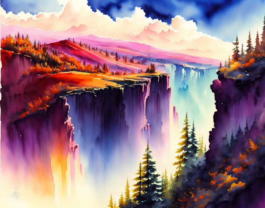 Colorful Watercolor Painting of Dramatic Canyon at Sunset