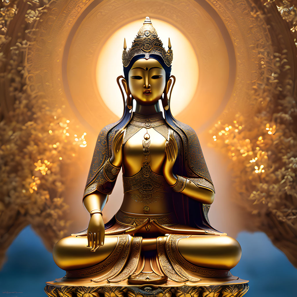 Golden Buddha in Meditation with Glowing Aura and Radiating Circular Pattern